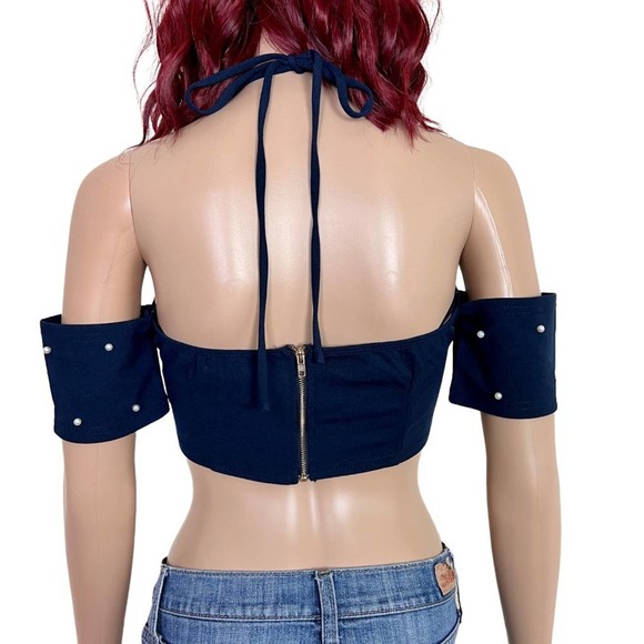 Miss Avenue Womens Pearl Off The Shoulder Crop Top Medium Navy Blue Halter - Picture 2 of 10